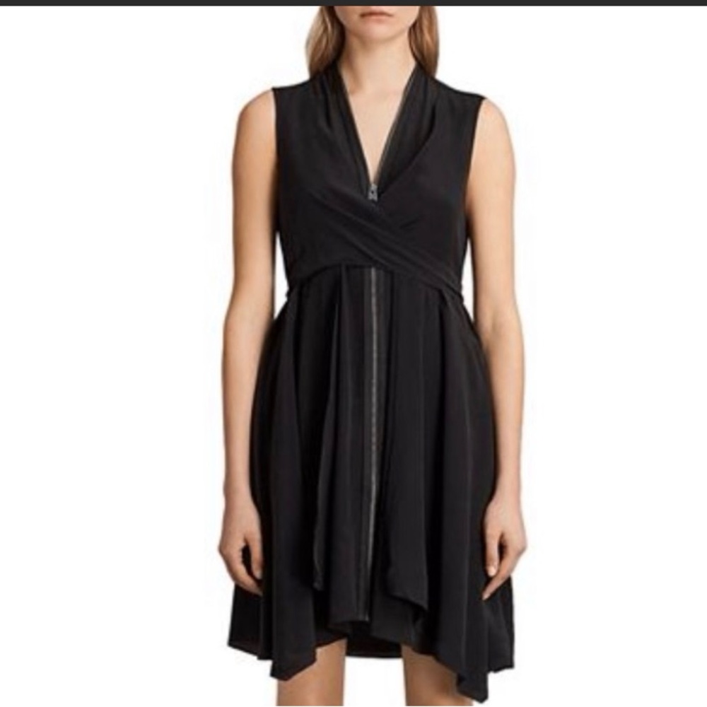 Allsaints Jayda zip front silk little black dress Sz 6